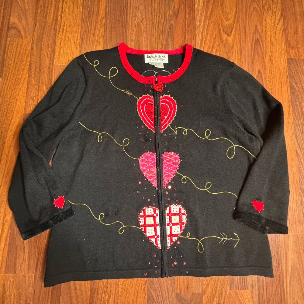 Vintage Jack B. Quick Black Hearts Valentines Beaded Cardigan Sweater Women L